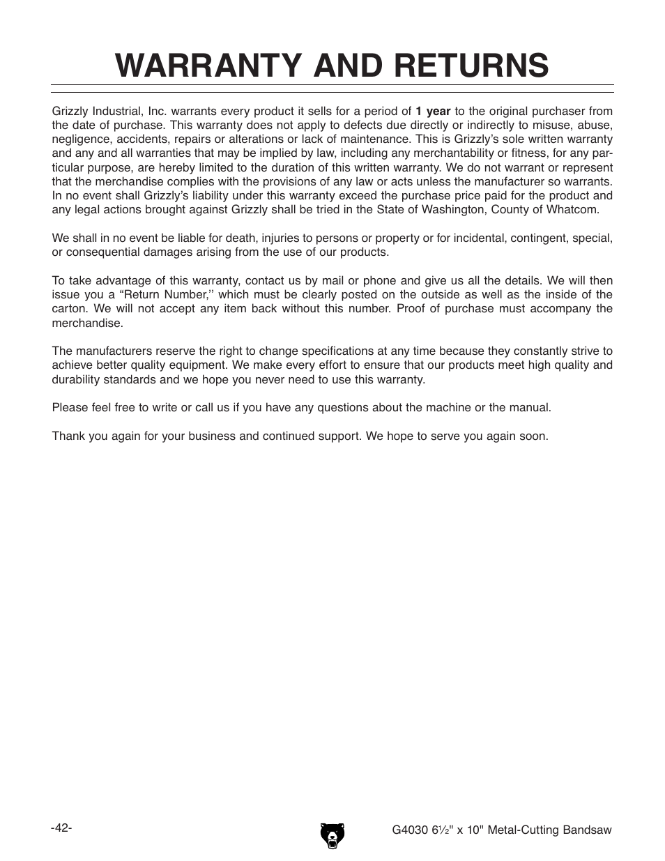 Warranty and returns | Grizzly G4030 User Manual | Page 44 / 48