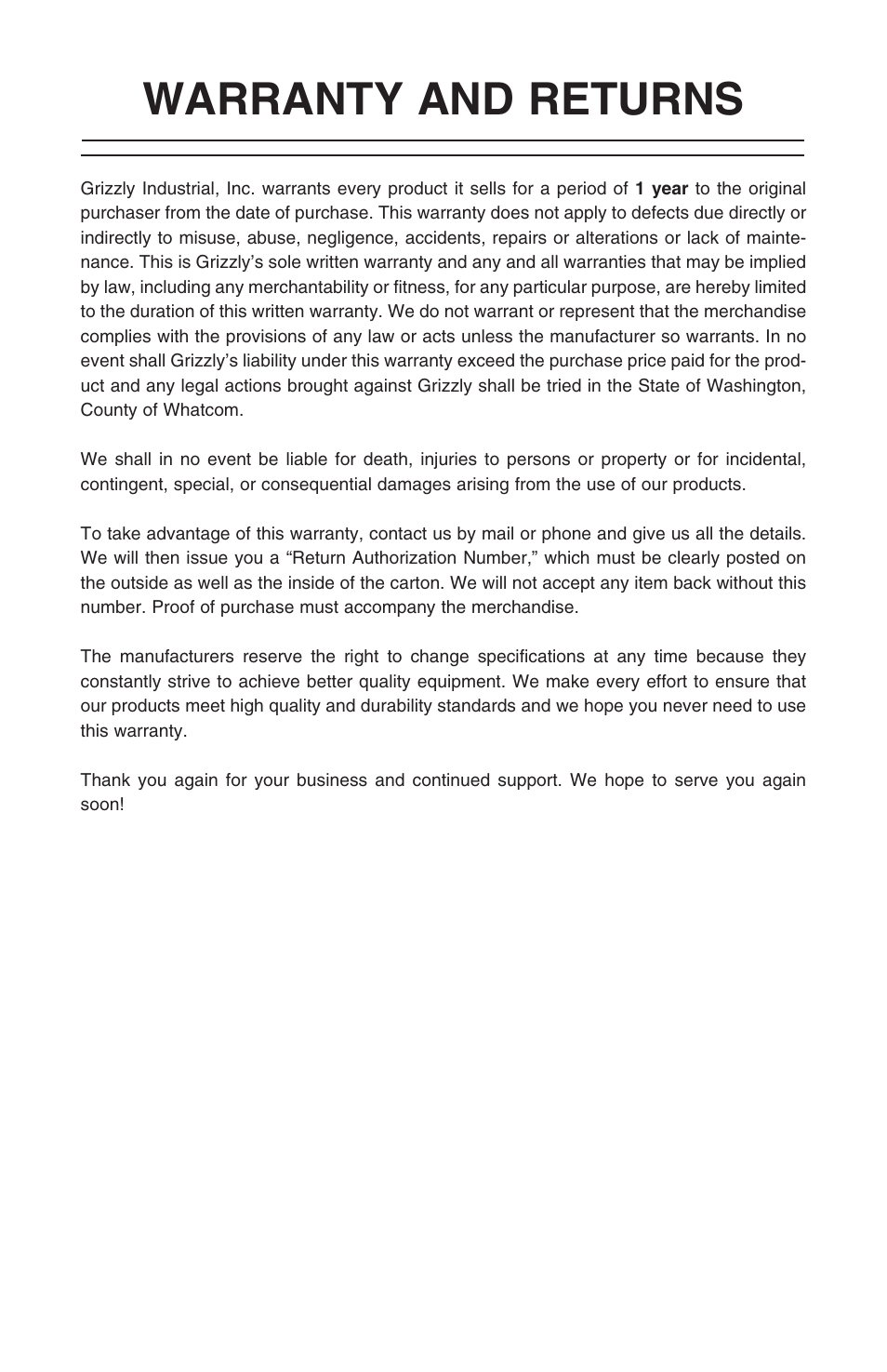 Warranty and returns | Grizzly T20644 User Manual | Page 20 / 20