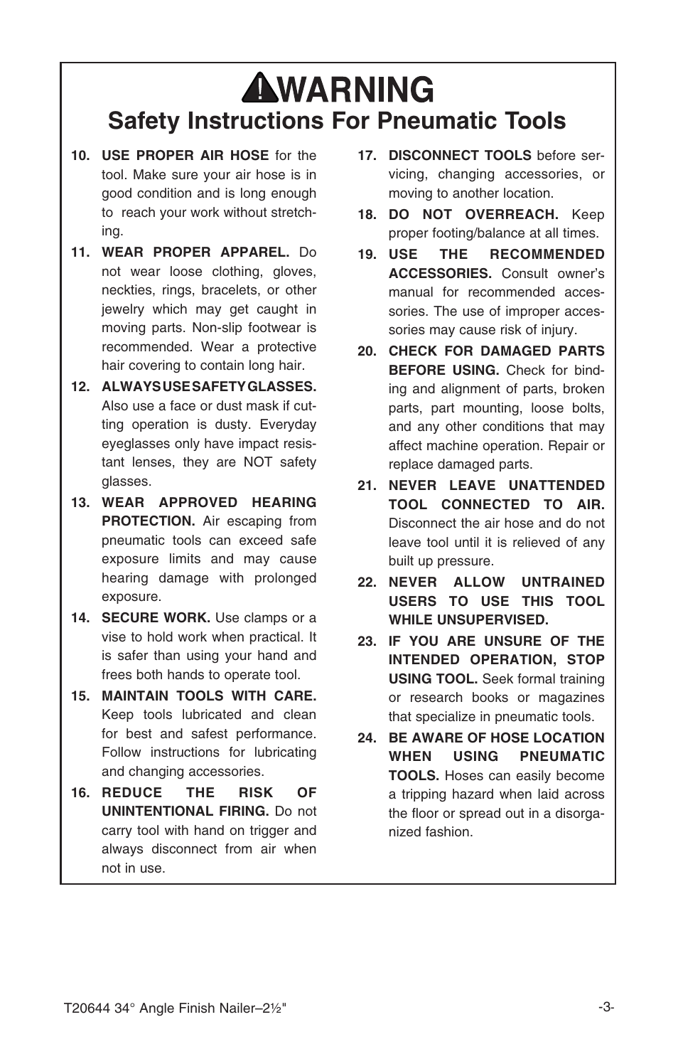 Safety instructions for pneumatic tools | Grizzly T20644 User Manual | Page 4 / 20