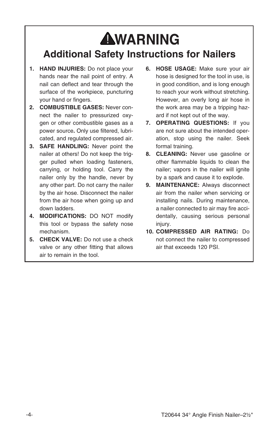 Additional safety instructions for nailers | Grizzly T20644 User Manual | Page 5 / 20