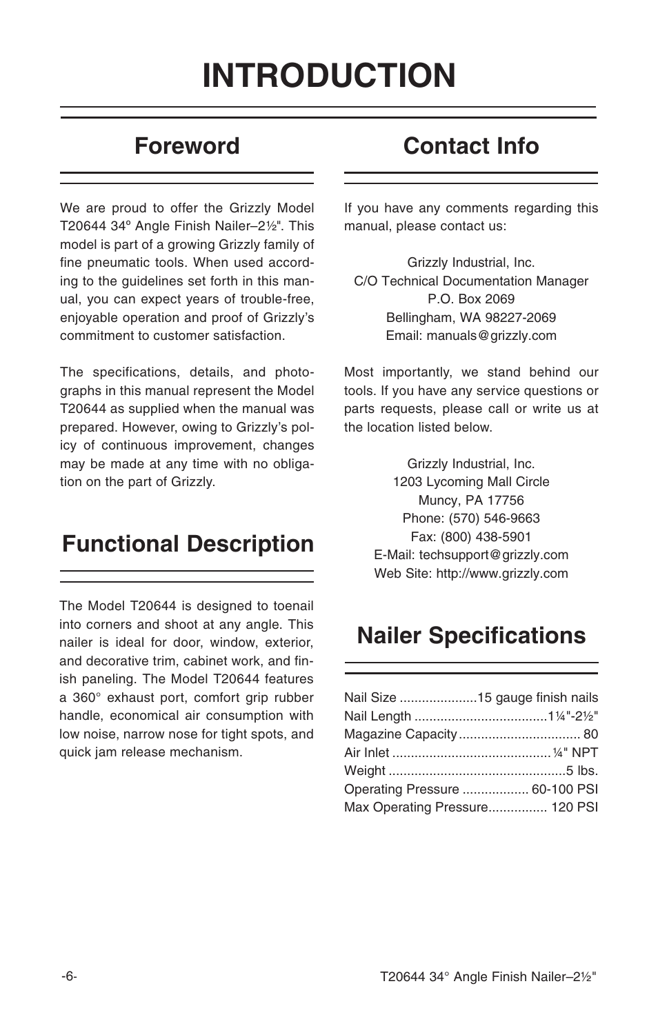 Introduction, Foreword contact info nailer specifications, Functional description | Grizzly T20644 User Manual | Page 7 / 20