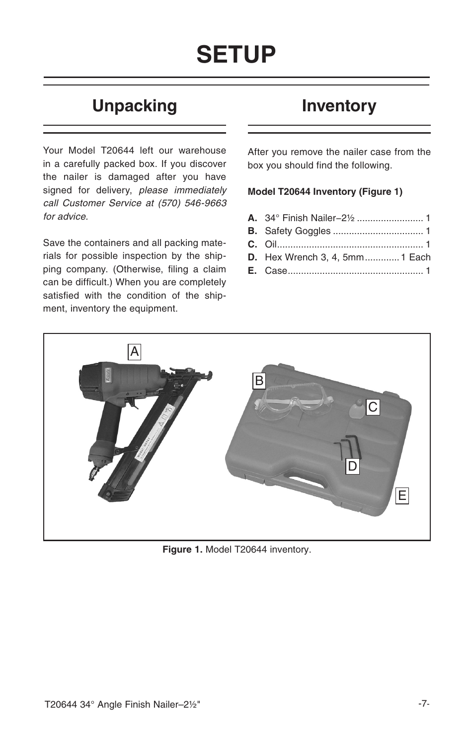 Setup, Inventory unpacking | Grizzly T20644 User Manual | Page 8 / 20