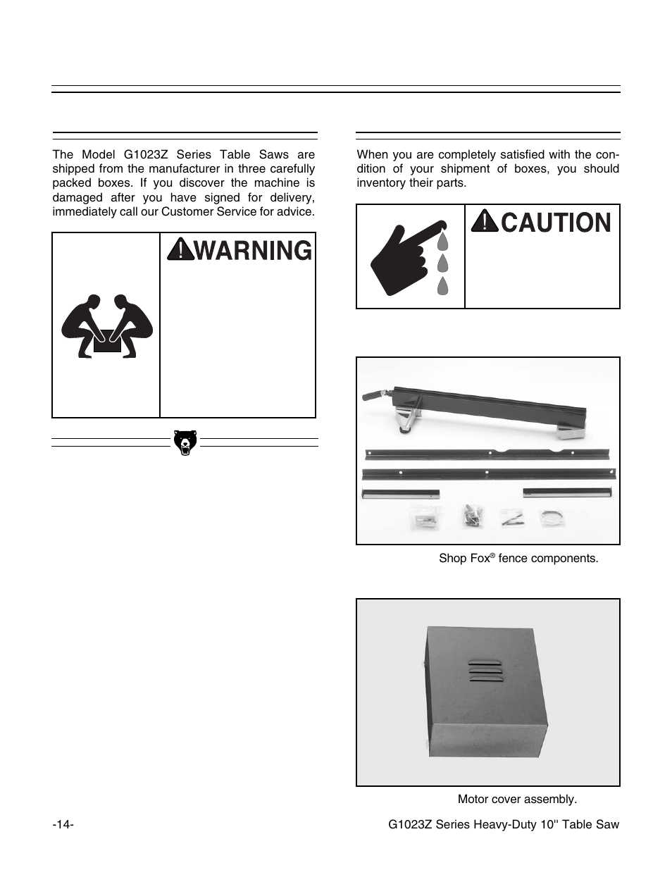 Unpacking piece inventory | Grizzly G1023Z User Manual | Page 16 / 63