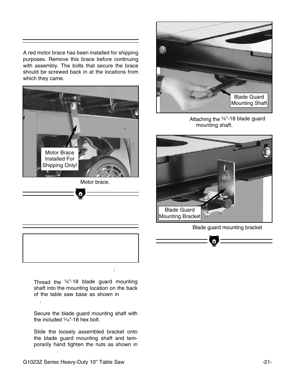 Guard bracket, Motor brace, Notice | Grizzly G1023Z User Manual | Page 23 / 63