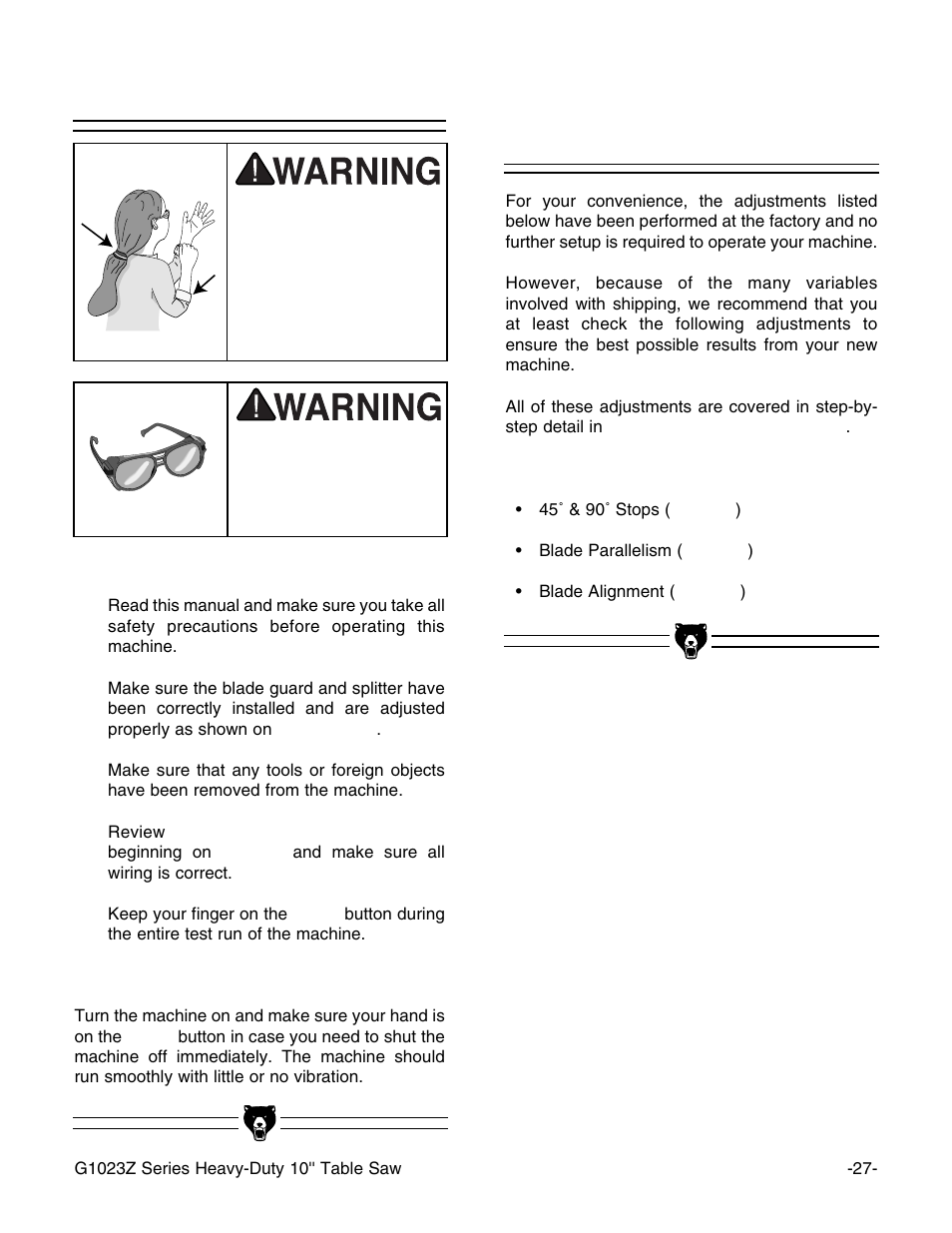 Start up recommended adjustments | Grizzly G1023Z User Manual | Page 29 / 63