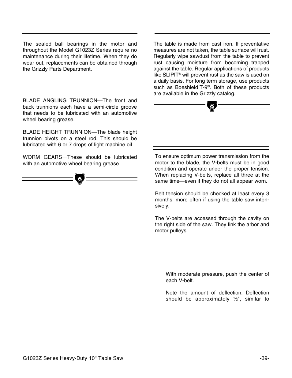 V-belt, Lubrication table | Grizzly G1023Z User Manual | Page 41 / 63