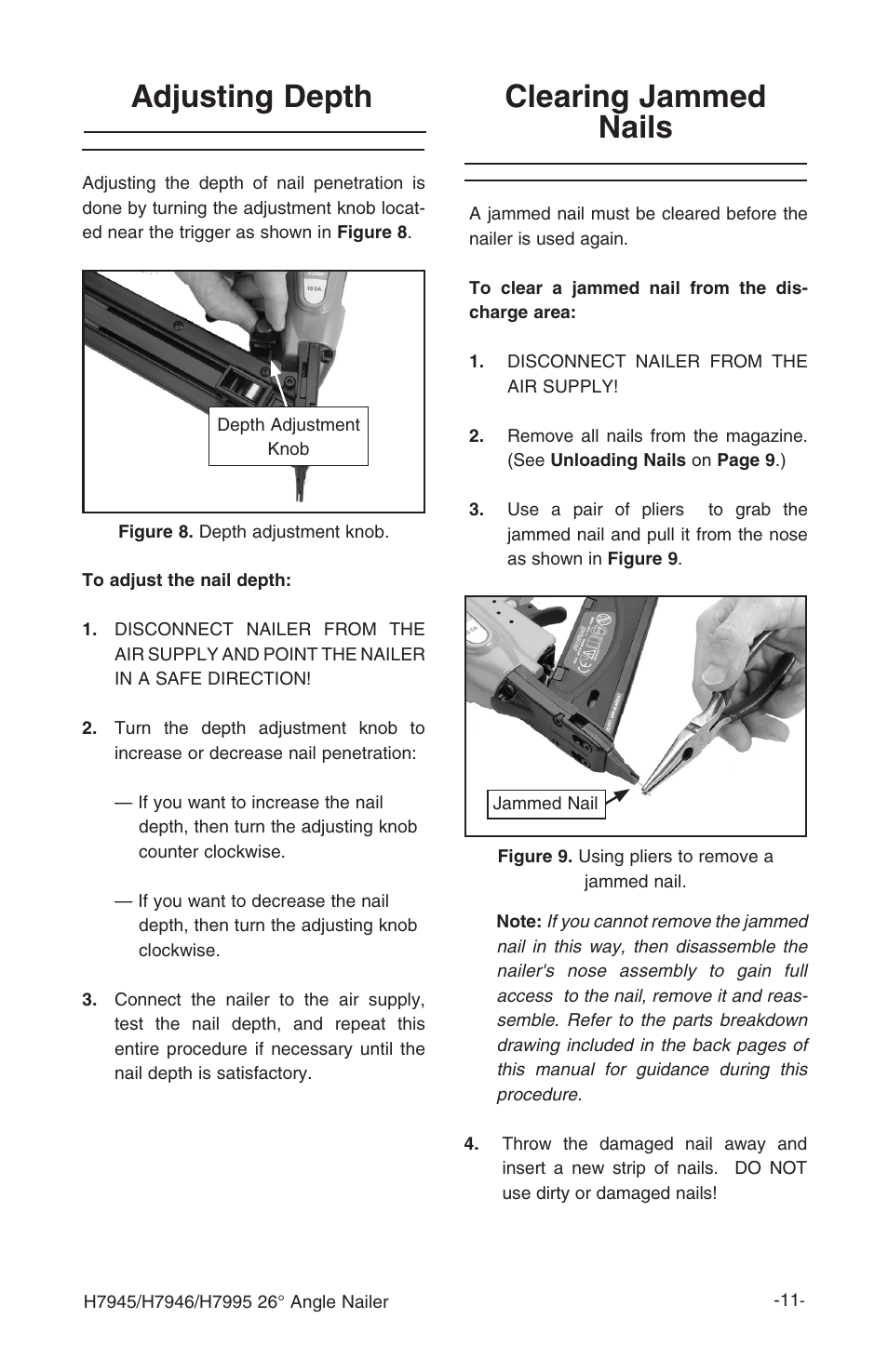 Clearing jammed nails, Adjusting depth | Grizzly H7995 User Manual | Page 13 / 28