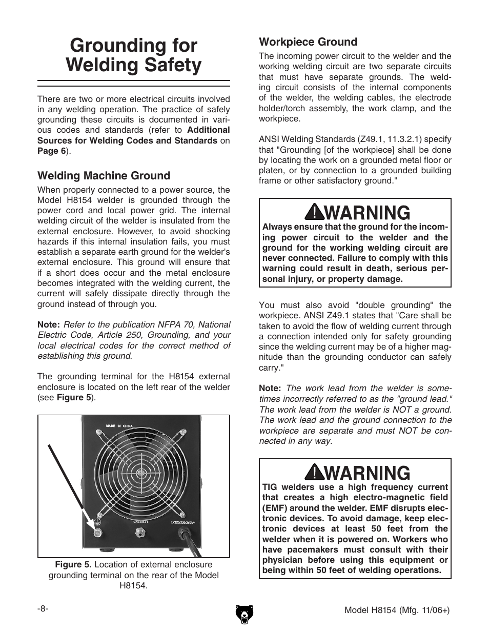 Grounding for welding safety | Grizzly AC/DC STICK/TIG WELDER H8154 User Manual | Page 10 / 24