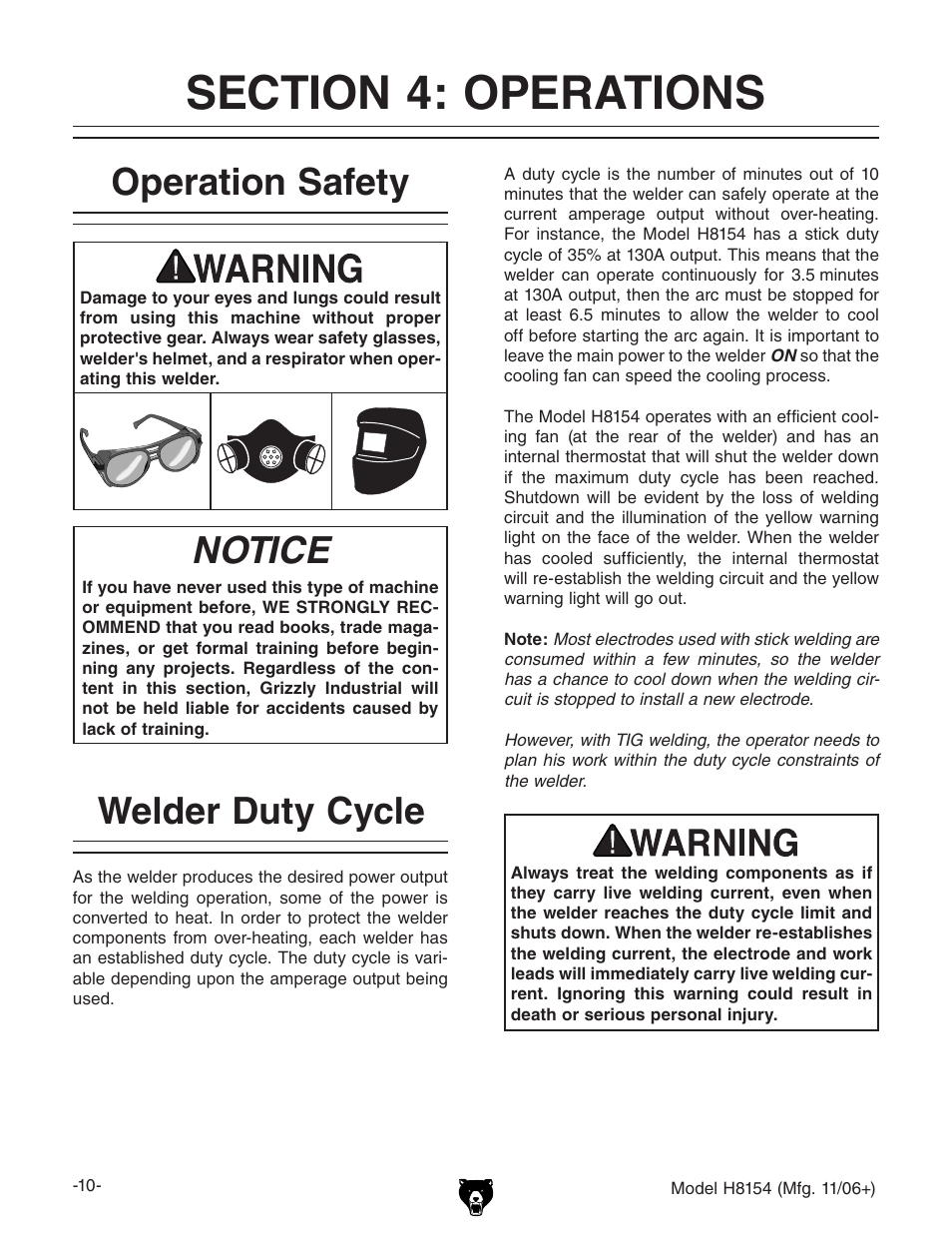 Notice, Operation safety welder duty cycle | Grizzly AC/DC STICK/TIG WELDER H8154 User Manual | Page 12 / 24
