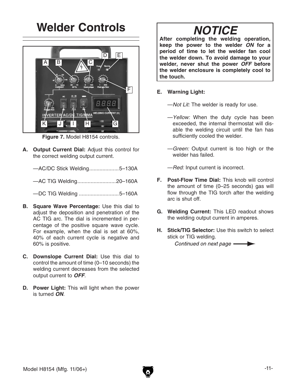 Welder controls notice | Grizzly AC/DC STICK/TIG WELDER H8154 User Manual | Page 13 / 24