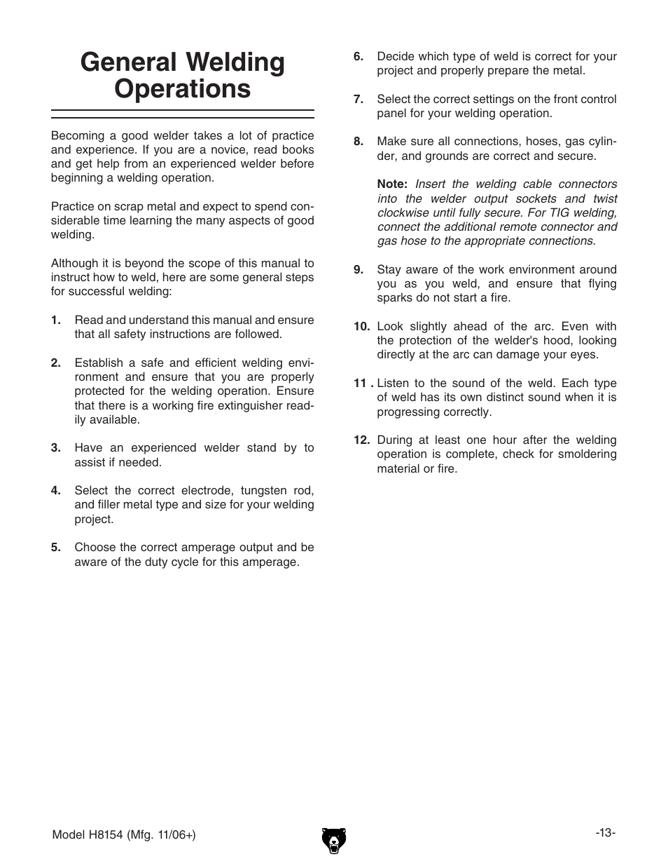 General welding operations | Grizzly AC/DC STICK/TIG WELDER H8154 User Manual | Page 15 / 24