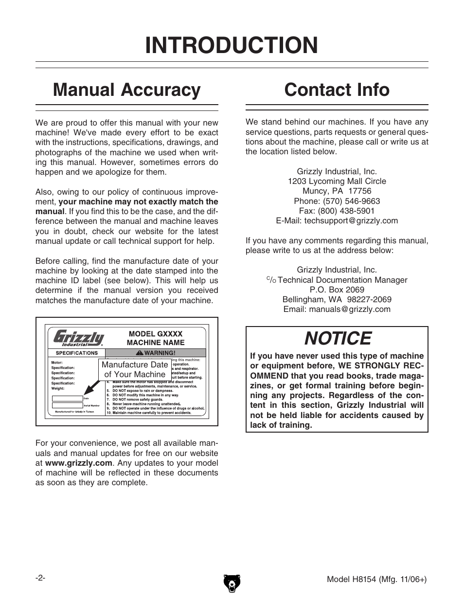 Introduction, Contact info manual accuracy, Notice | Grizzly AC/DC STICK/TIG WELDER H8154 User Manual | Page 4 / 24