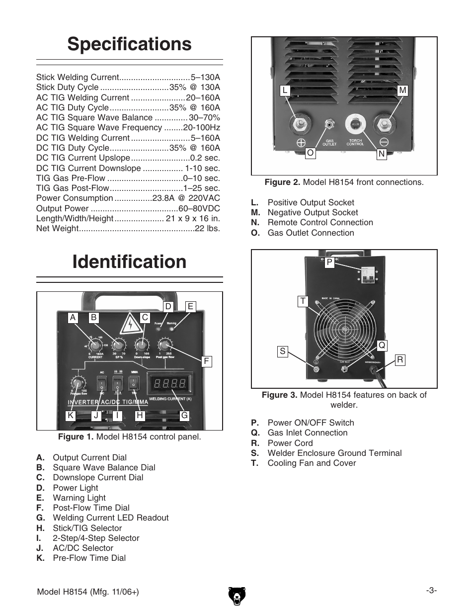 Specifications, Identification | Grizzly AC/DC STICK/TIG WELDER H8154 User Manual | Page 5 / 24