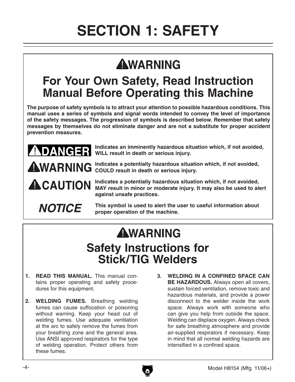 Notice safety instructions for machinery, Safety instructions for stick/tig welders | Grizzly AC/DC STICK/TIG WELDER H8154 User Manual | Page 6 / 24