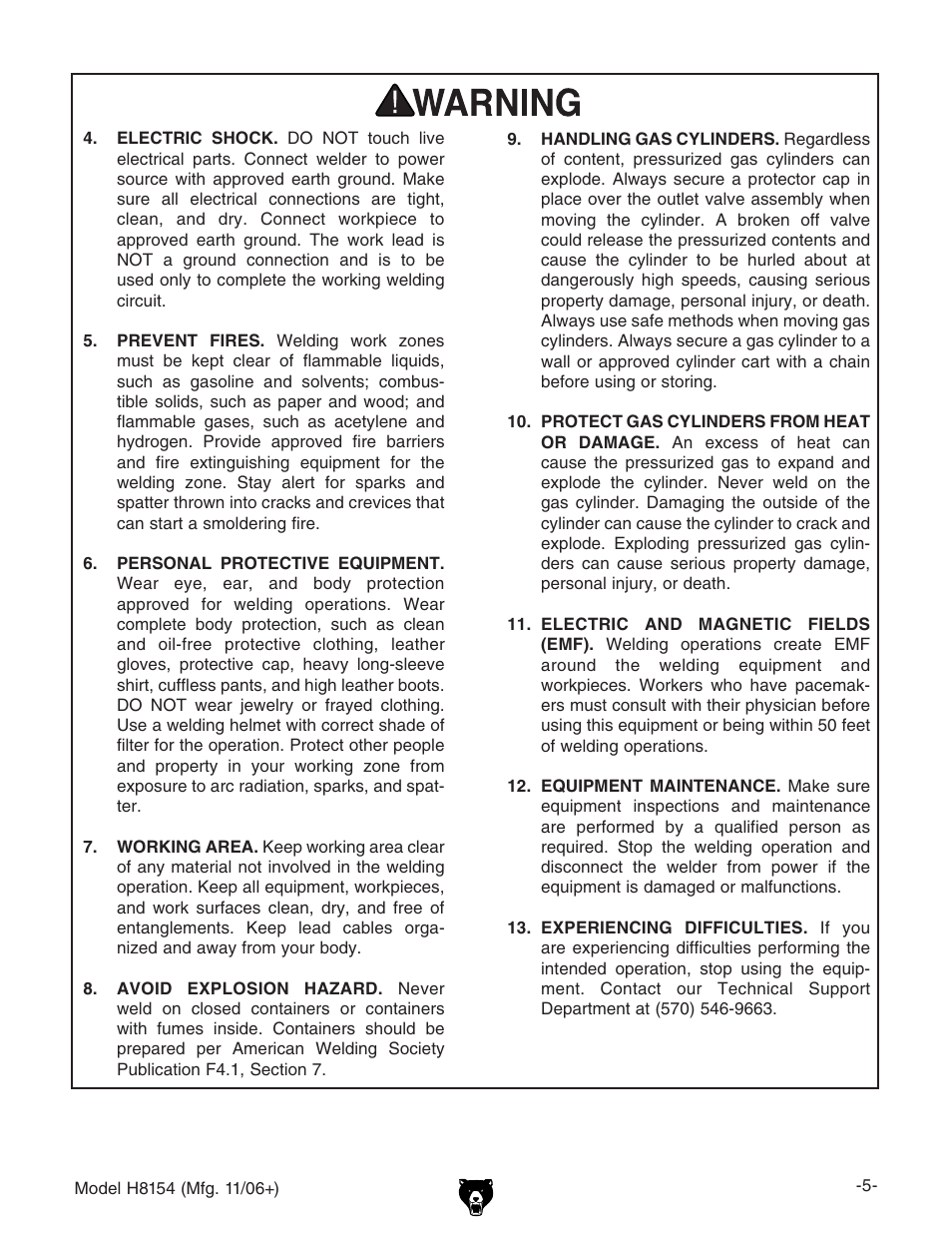Grizzly AC/DC STICK/TIG WELDER H8154 User Manual | Page 7 / 24