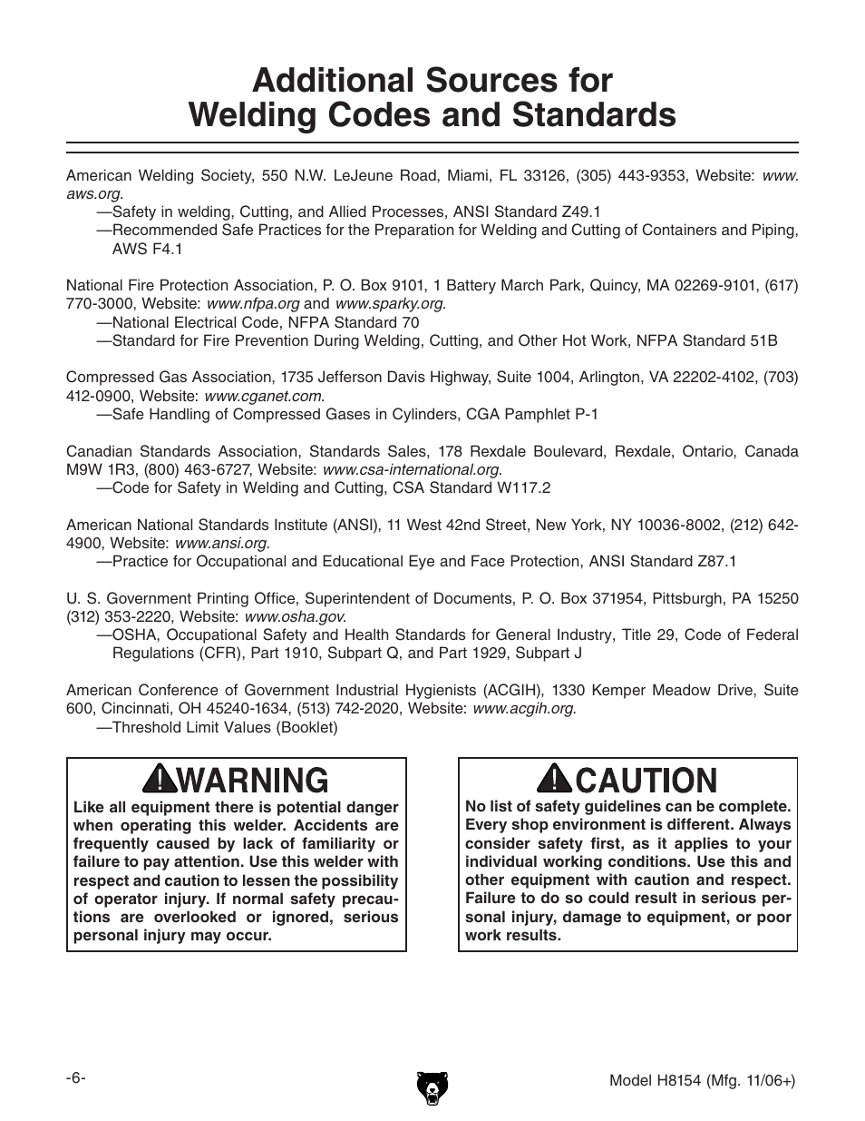 Additional sources for welding codes and standards | Grizzly AC/DC STICK/TIG WELDER H8154 User Manual | Page 8 / 24