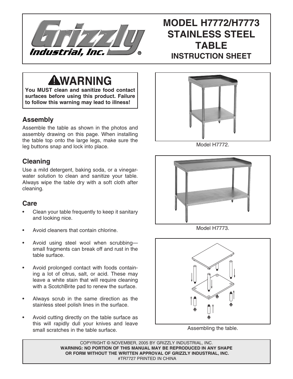 Grizzly Sainnless Steel Table H7772 User Manual | 2 pages