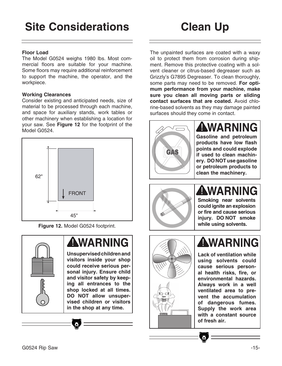 Clean up, Site considerations | Grizzly G0524 User Manual | Page 17 / 60