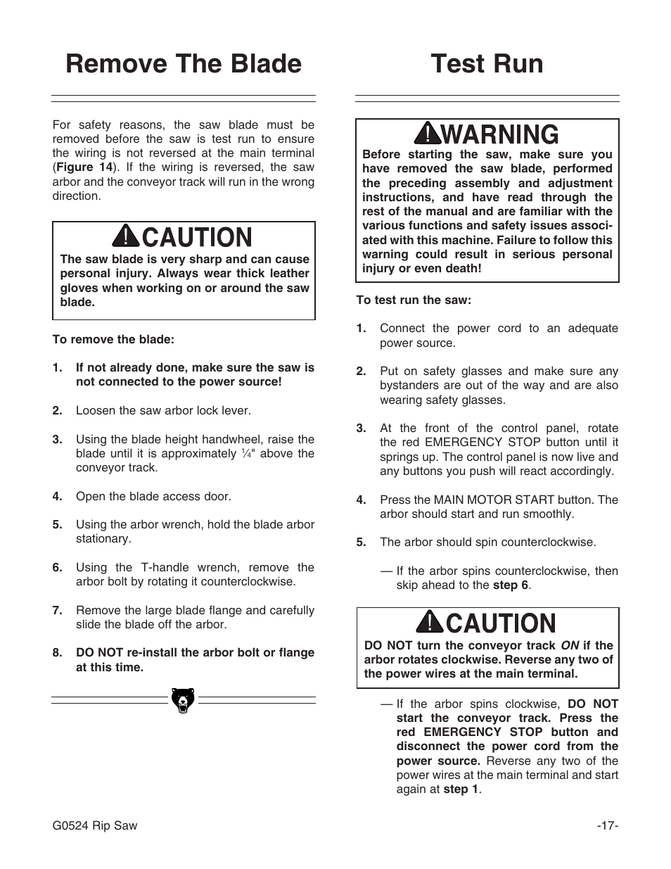 Remove the blade, Test run | Grizzly G0524 User Manual | Page 19 / 60