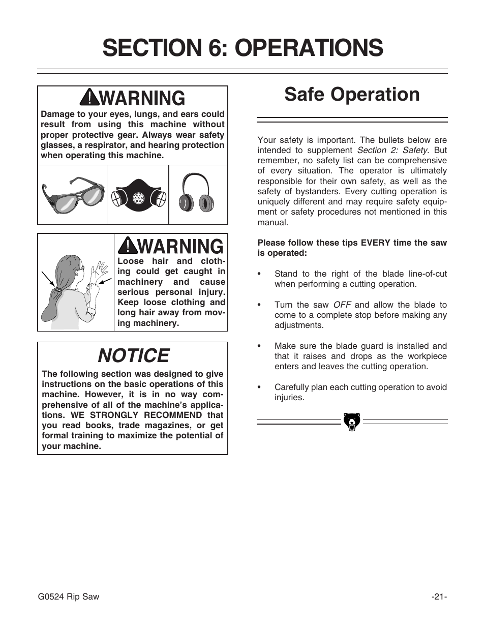 Notice, Safe operation | Grizzly G0524 User Manual | Page 23 / 60