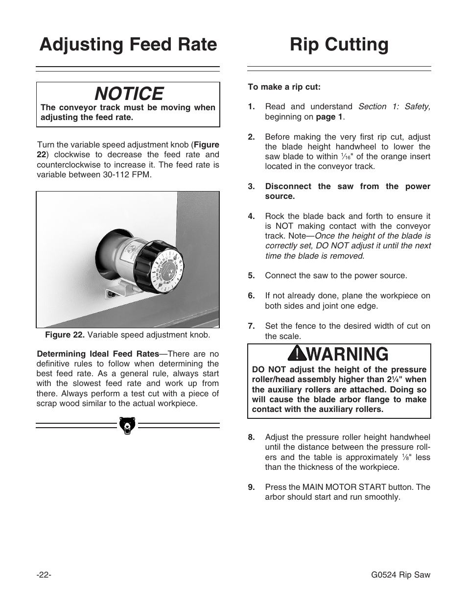 Notice, Rip cutting adjusting feed rate | Grizzly G0524 User Manual | Page 24 / 60