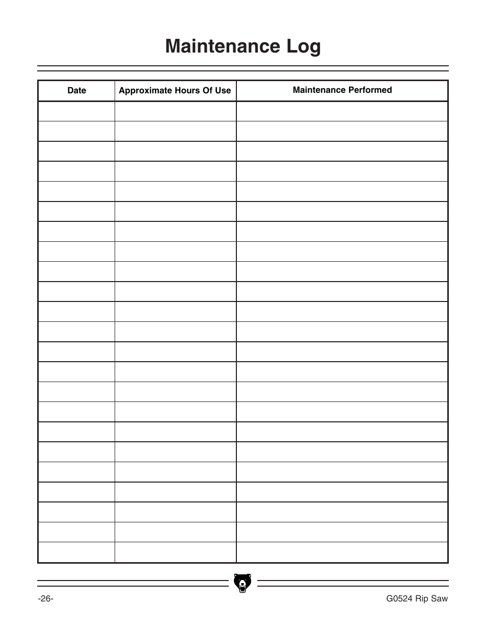 Maintenance log | Grizzly G0524 User Manual | Page 28 / 60