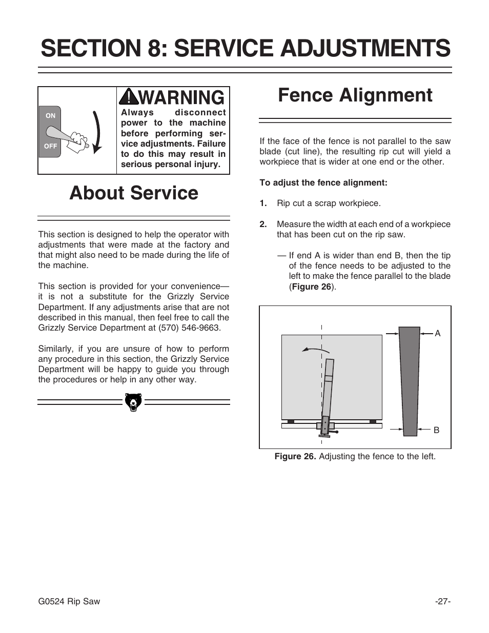 Fence alignment about service | Grizzly G0524 User Manual | Page 29 / 60