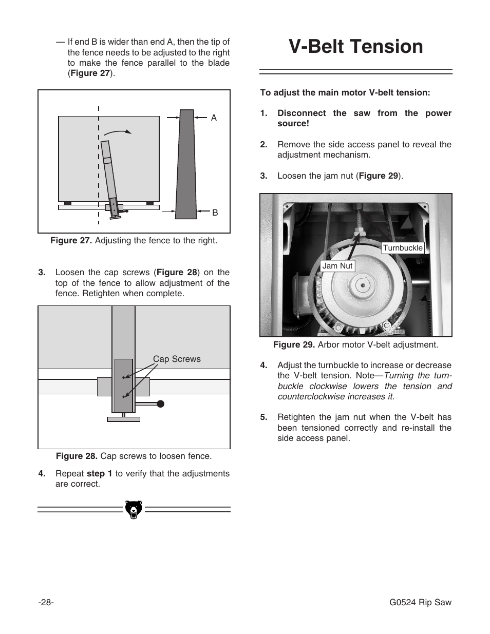 V-belt tension | Grizzly G0524 User Manual | Page 30 / 60