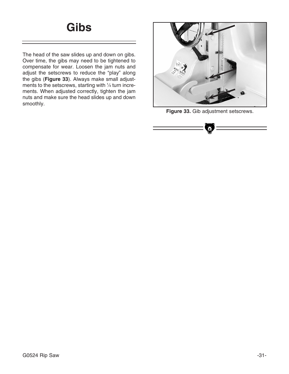 Gibs | Grizzly G0524 User Manual | Page 33 / 60