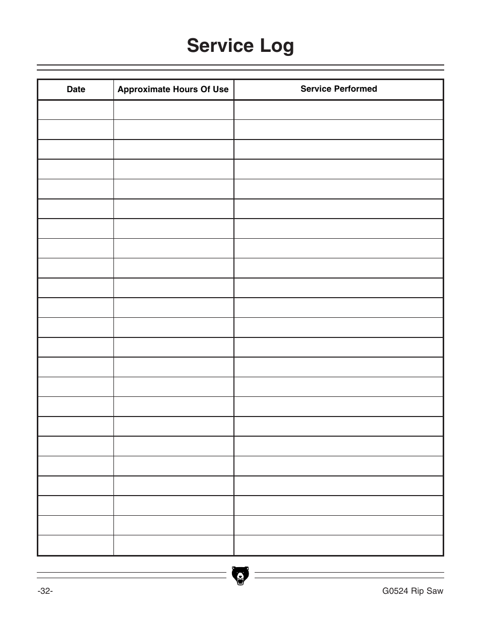 Service log | Grizzly G0524 User Manual | Page 34 / 60