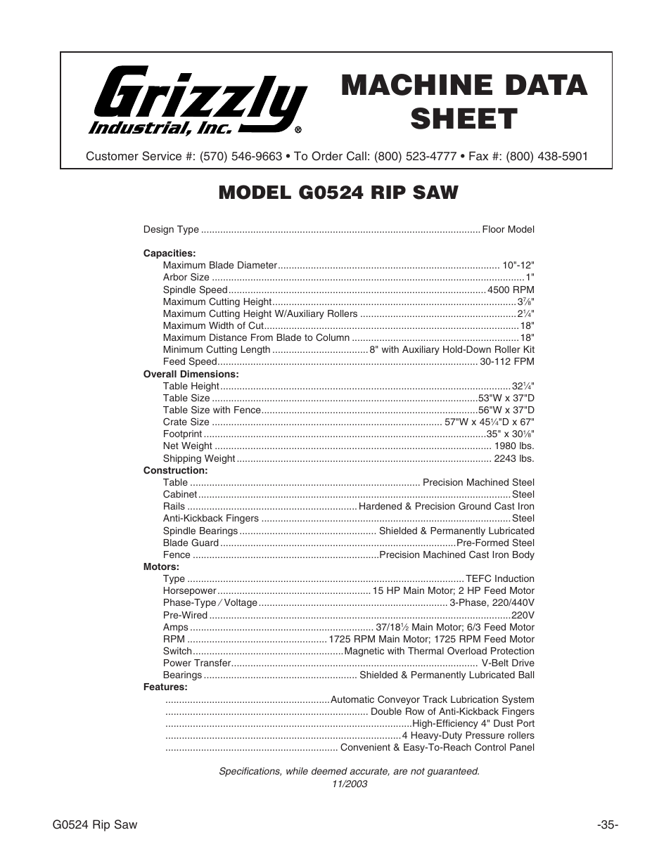 Machine data sheet, Model g0524 rip saw | Grizzly G0524 User Manual | Page 37 / 60