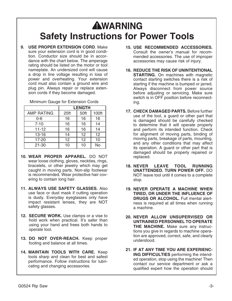 Safety instructions for power tools | Grizzly G0524 User Manual | Page 5 / 60