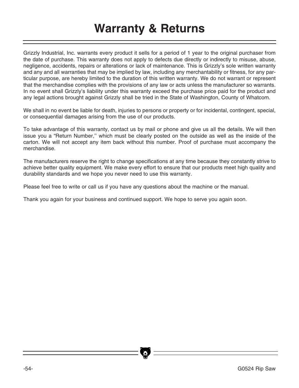 Warranty & returns | Grizzly G0524 User Manual | Page 56 / 60
