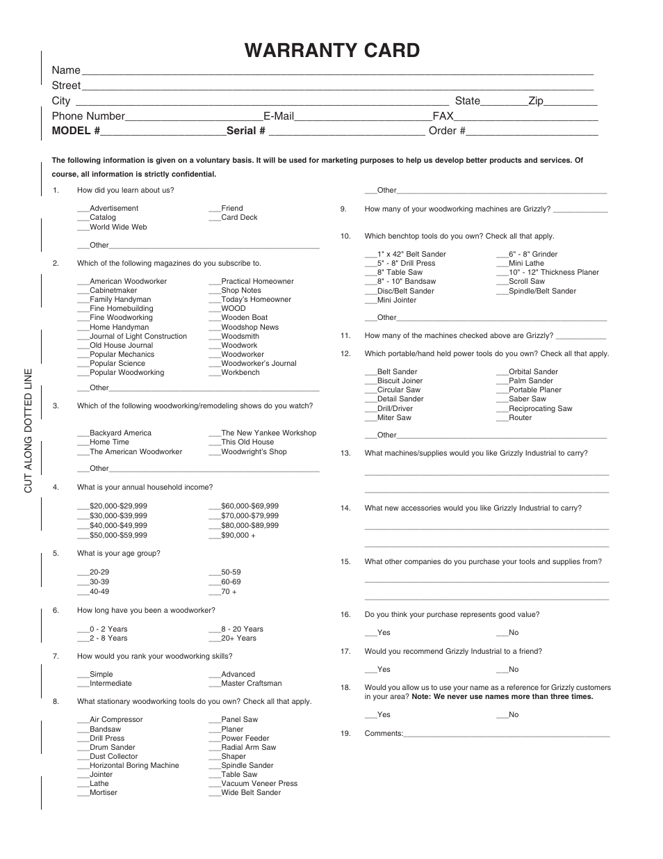 Warranty card, Cut along dotted line | Grizzly G0524 User Manual | Page 57 / 60