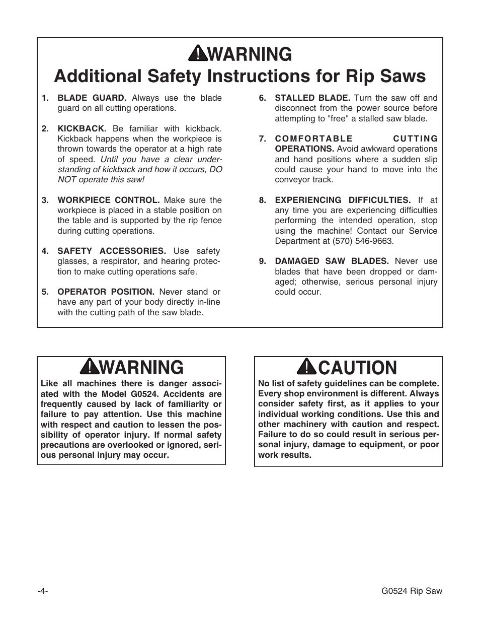 Additional safety instructions for rip saws | Grizzly G0524 User Manual | Page 6 / 60