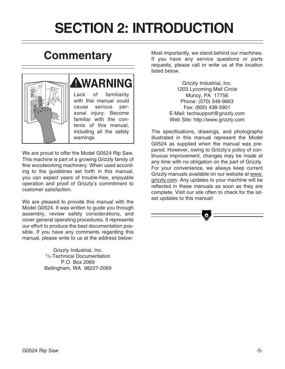 Commentary | Grizzly G0524 User Manual | Page 7 / 60