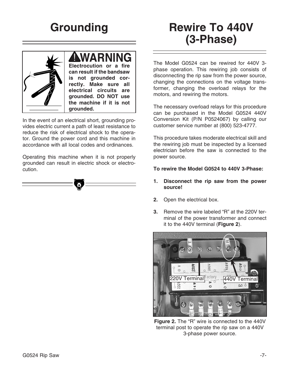 Grounding rewire to 440v (3-phase) | Grizzly G0524 User Manual | Page 9 / 60