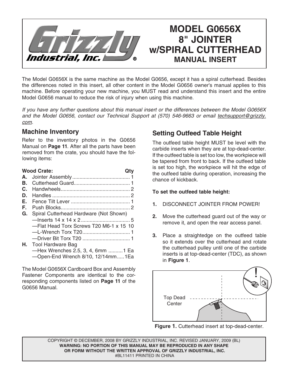 Grizzly Jointer w/ Spiral Cutterhead G0656X User Manual | 66 pages