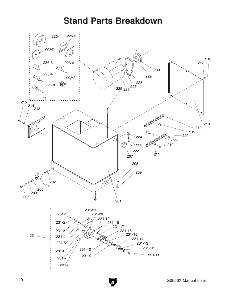 Stand parts breakdown | Grizzly Jointer w/ Spiral Cutterhead G0656X User Manual | Page 10 / 66