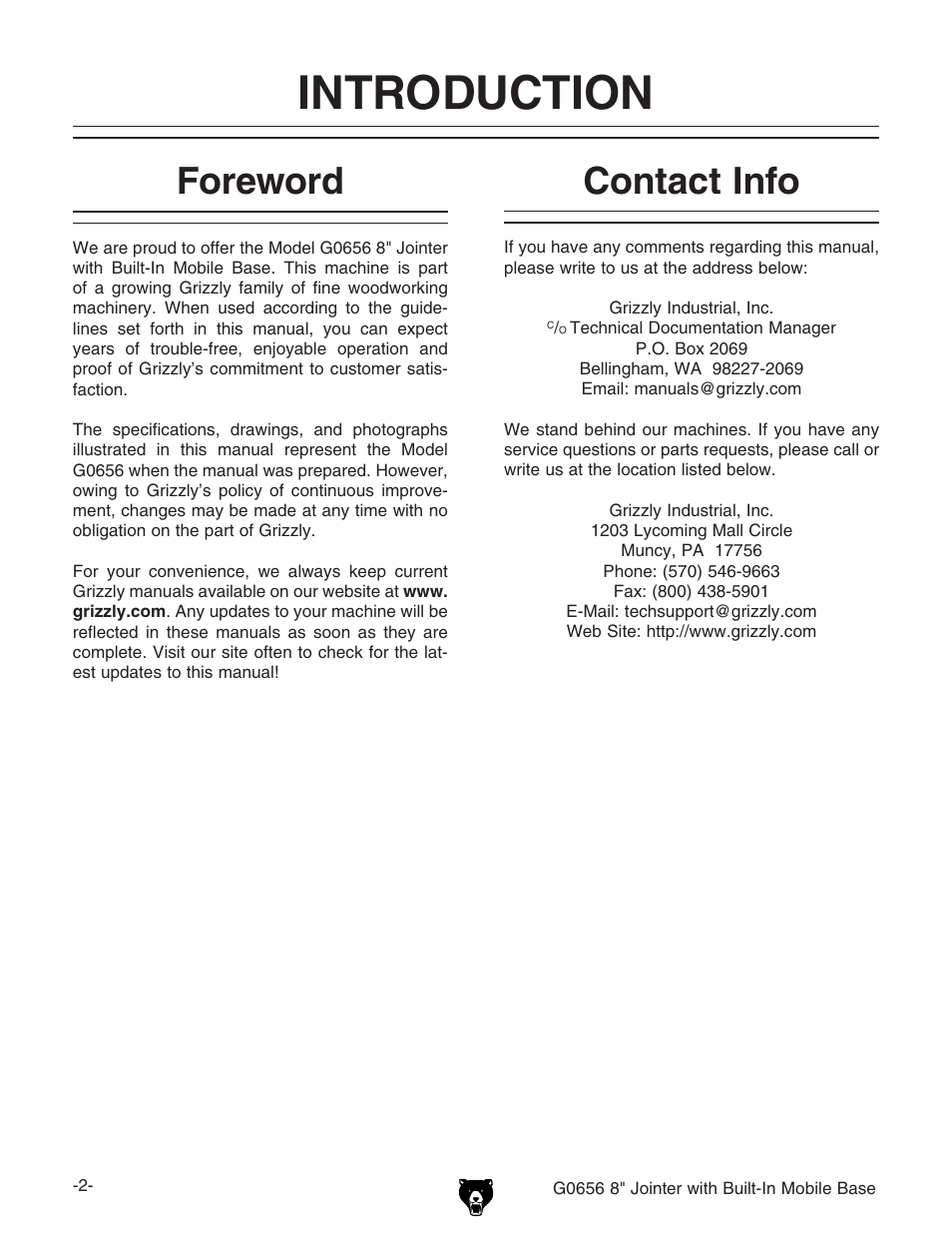 Introduction, Foreword, Contact info | Grizzly Jointer w/ Spiral Cutterhead G0656X User Manual | Page 18 / 66