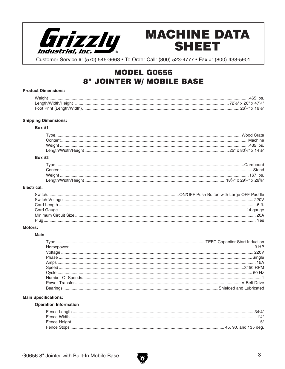 Machine data sheet | Grizzly Jointer w/ Spiral Cutterhead G0656X User Manual | Page 19 / 66