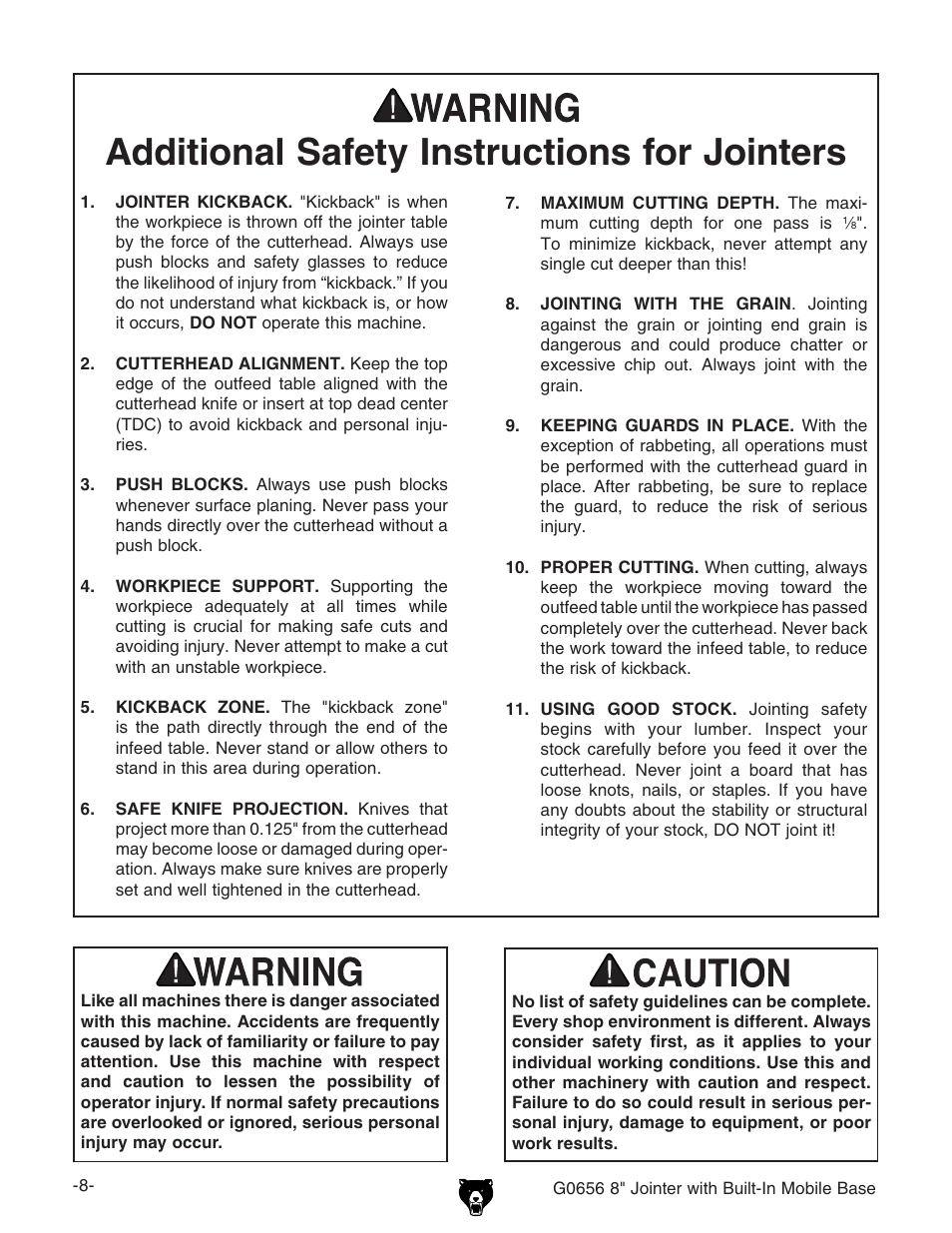 Additional safety instructions for jointers | Grizzly Jointer w/ Spiral Cutterhead G0656X User Manual | Page 24 / 66