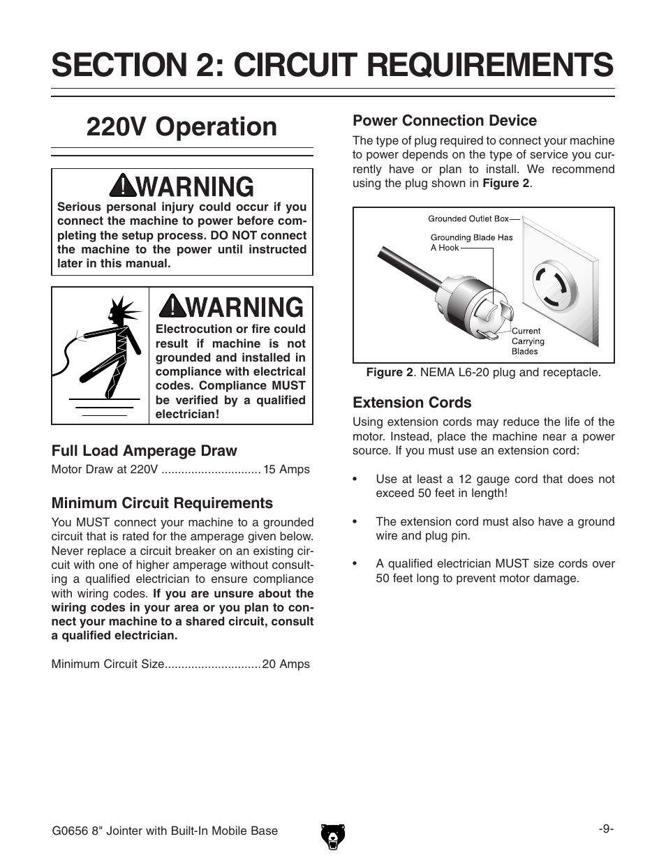 220v operation | Grizzly Jointer w/ Spiral Cutterhead G0656X User Manual | Page 25 / 66