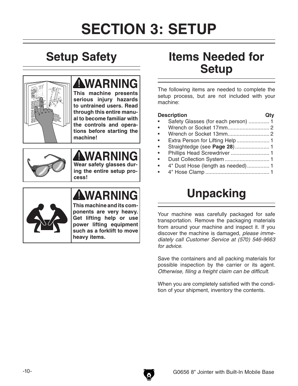 Setup safety, Unpacking items needed for setup | Grizzly Jointer w/ Spiral Cutterhead G0656X User Manual | Page 26 / 66