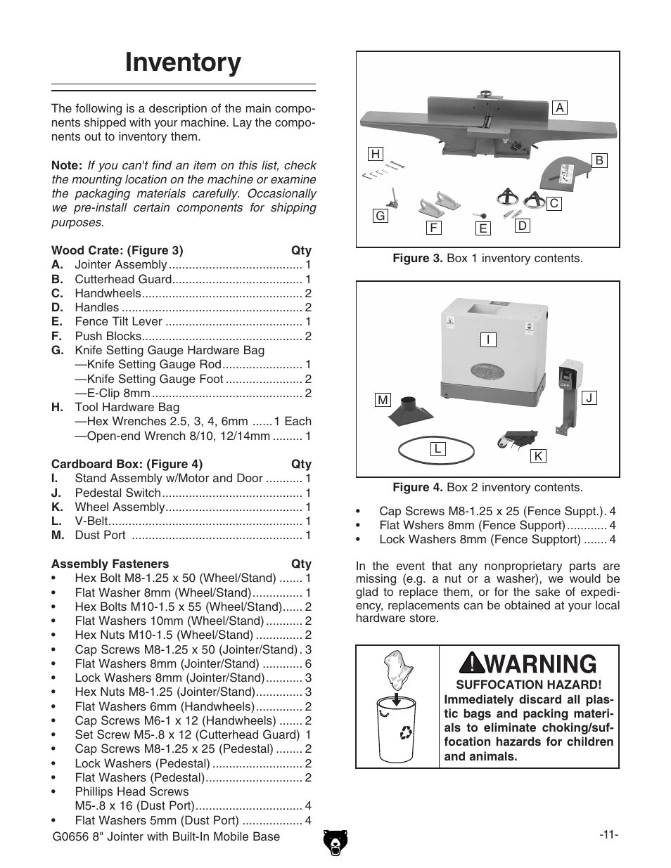 Inventory | Grizzly Jointer w/ Spiral Cutterhead G0656X User Manual | Page 27 / 66