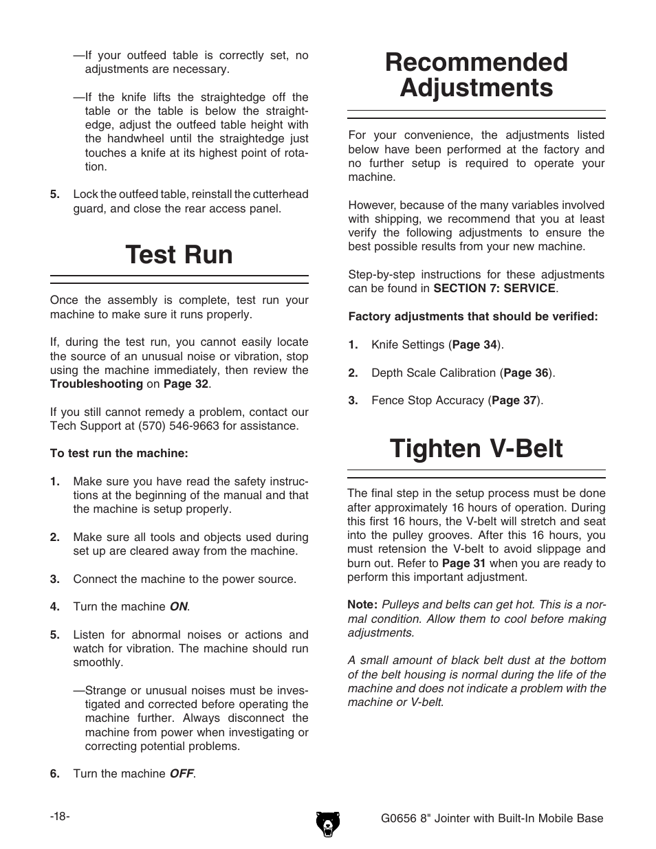 Recommended adjustments tighten v-belt, Test run | Grizzly Jointer w/ Spiral Cutterhead G0656X User Manual | Page 34 / 66