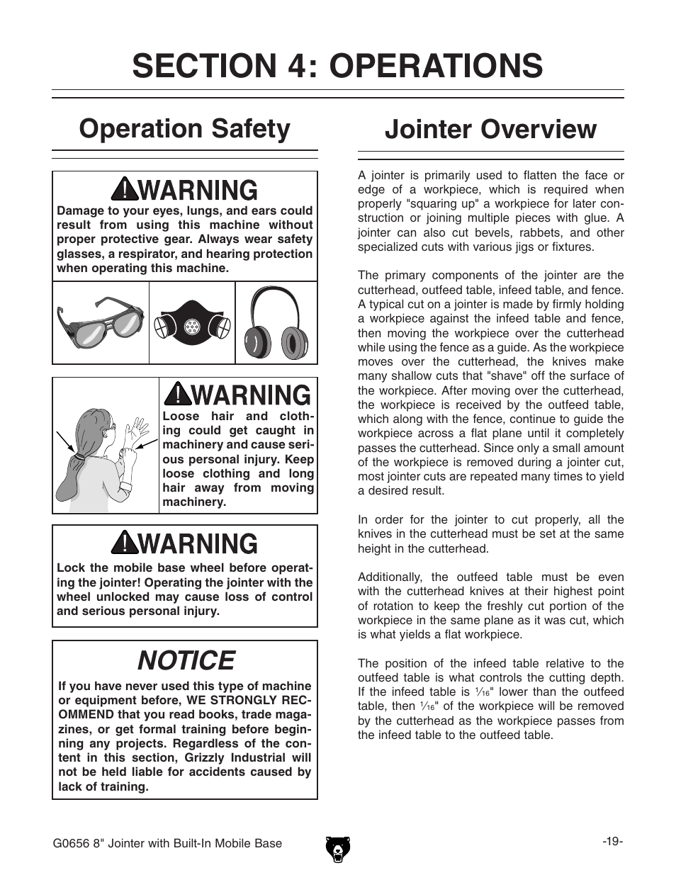 Operation safety, Notice, Jointer overview | Grizzly Jointer w/ Spiral Cutterhead G0656X User Manual | Page 35 / 66