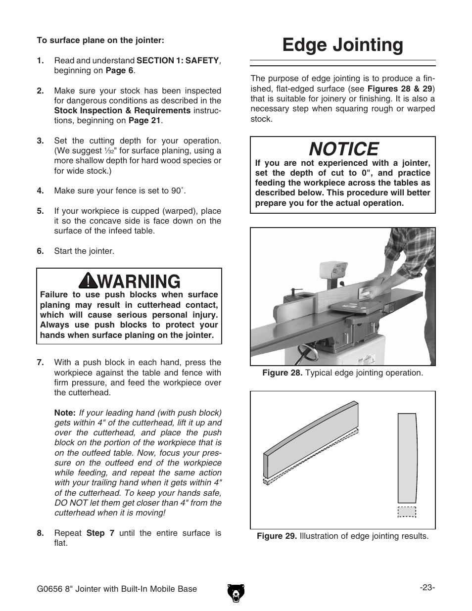Notice, Edge jointing | Grizzly Jointer w/ Spiral Cutterhead G0656X User Manual | Page 39 / 66