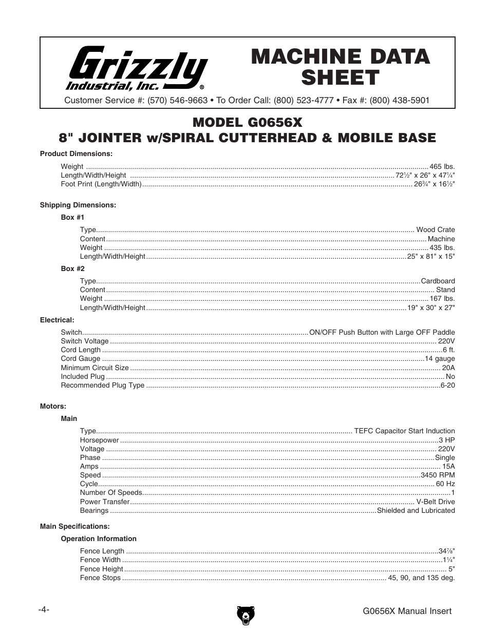 Machine data sheet | Grizzly Jointer w/ Spiral Cutterhead G0656X User Manual | Page 4 / 66