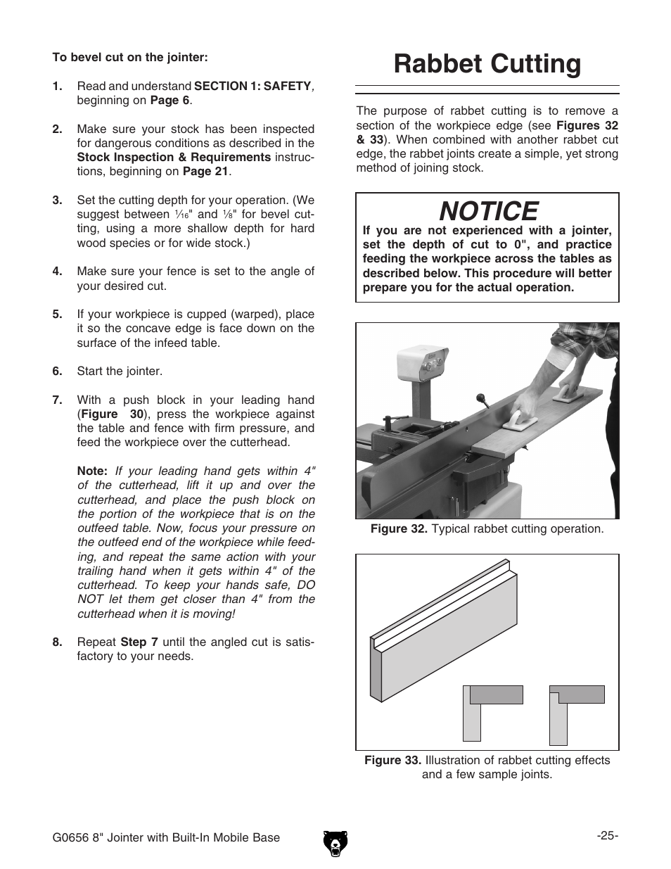 Notice, Rabbet cutting | Grizzly Jointer w/ Spiral Cutterhead G0656X User Manual | Page 41 / 66